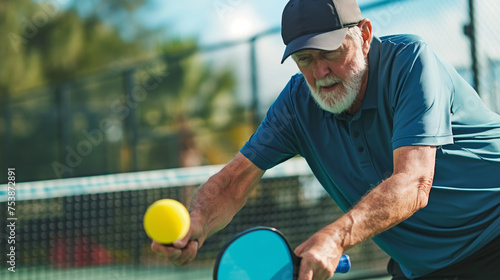 Pickleball is played outdoors, Photo of an active elderly man holding a pickleball racket hitting the up coming pickleball on courts, trendy sport of the years. © Jasper W