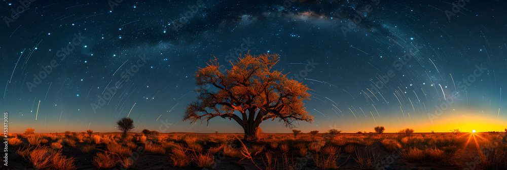 Milky Way over the African savannah with acacia trees,A night sky filled with lots of stars Milky Way over the African savannah with acacia trees,A night sky filled with lots of stars