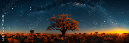Star Circles with Camel Thorn Tree in Foreground  Silhouettes of a man with a dog by the fire against the background
