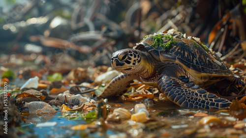 Environmental impact on wildlife of trash and waste ending up in waterways. Turtle crawling on a dirty shore of an ocean.
