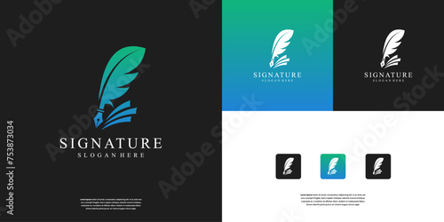 Creative book story logo design. quill signature logo design and feather ink logo design template. photo