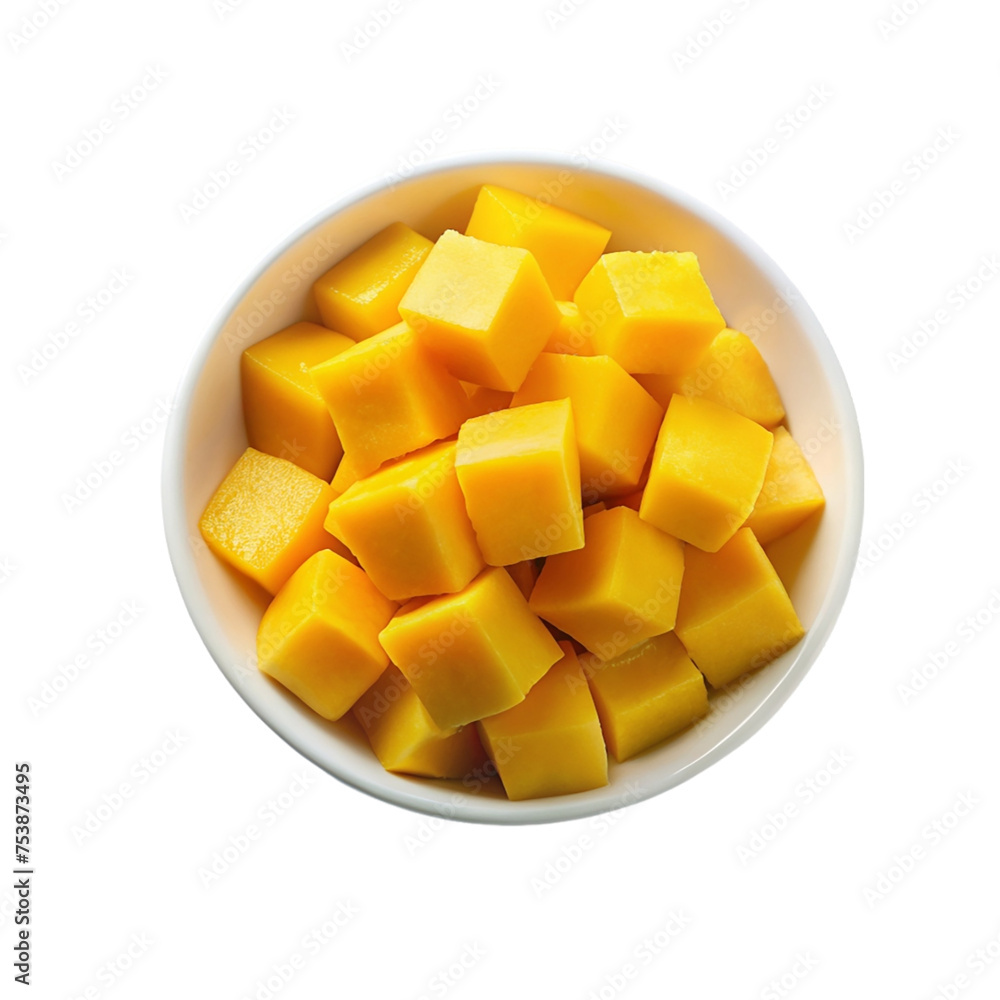 Mango cubes in bowl isolated on transparent background. Mango cubes in bowl isolated on transparent background.