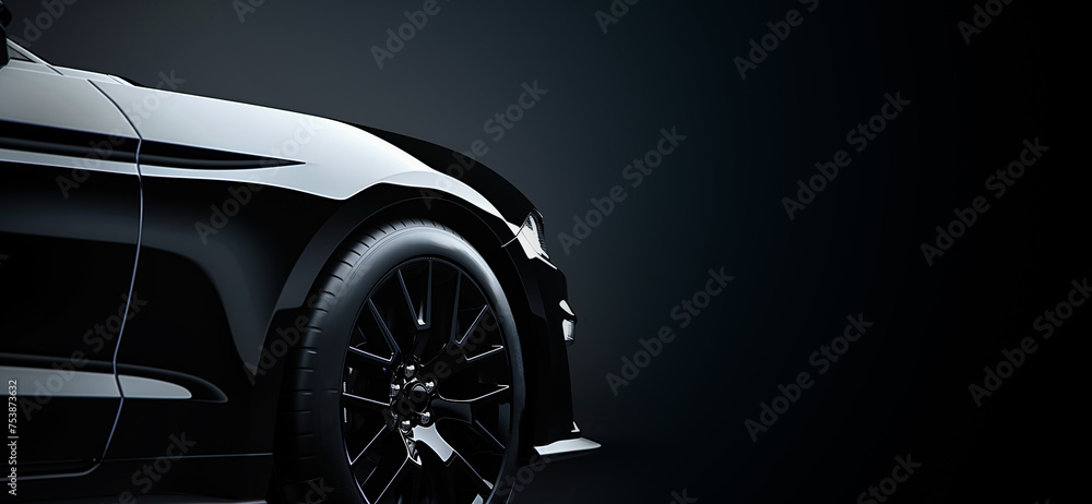 Closeup on a black generic and unbranded car on a dark background, banner - obrazy, fototapety, plakaty 