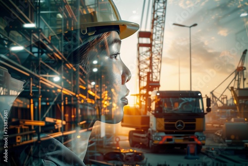 A striking double exposure image that beautifully combines the profile of a worker, clad in a safety helmet, with the bustling scene of a construction site, including a crane at work and a truck