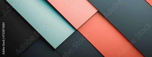 Abstract composition of overlapping diagonal stripes in coral, black, and teal.