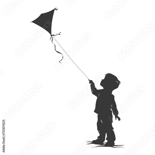 Silhouette little boy playing kite black color only