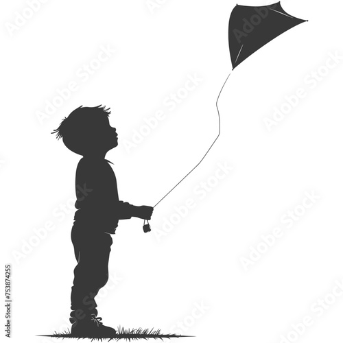 Silhouette little boy playing kite black color only