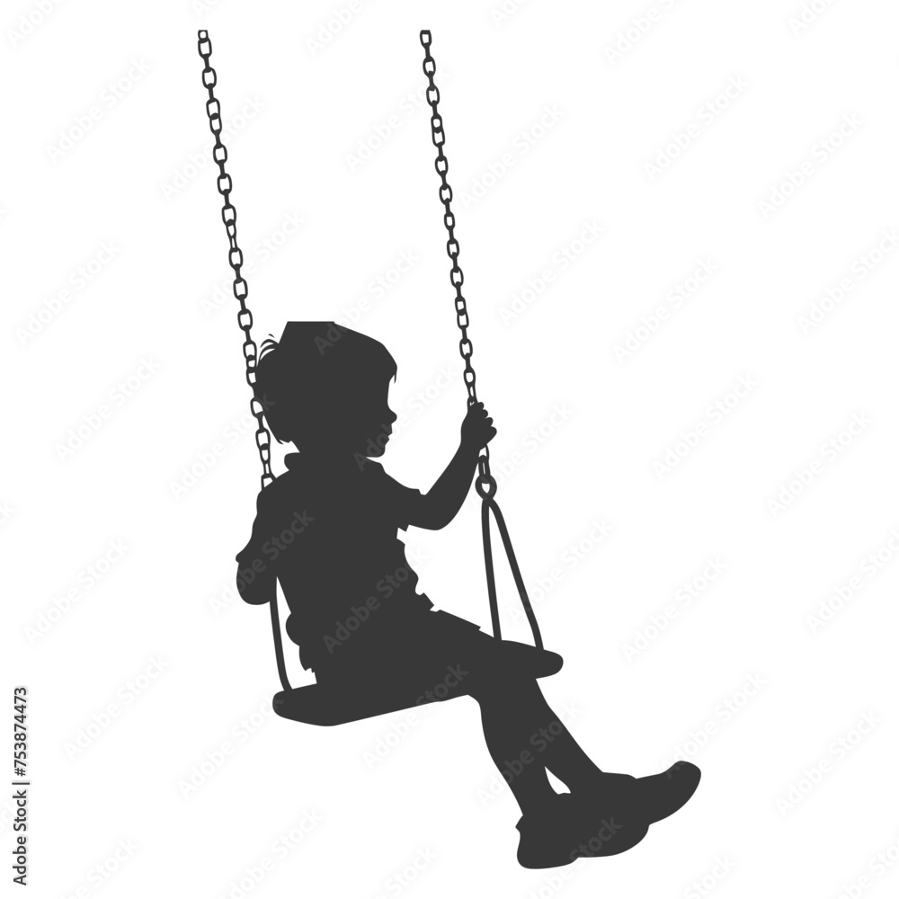Silhouette little boy playing swing in the playground black color only Silhouette little boy playing swing in the playground black color only