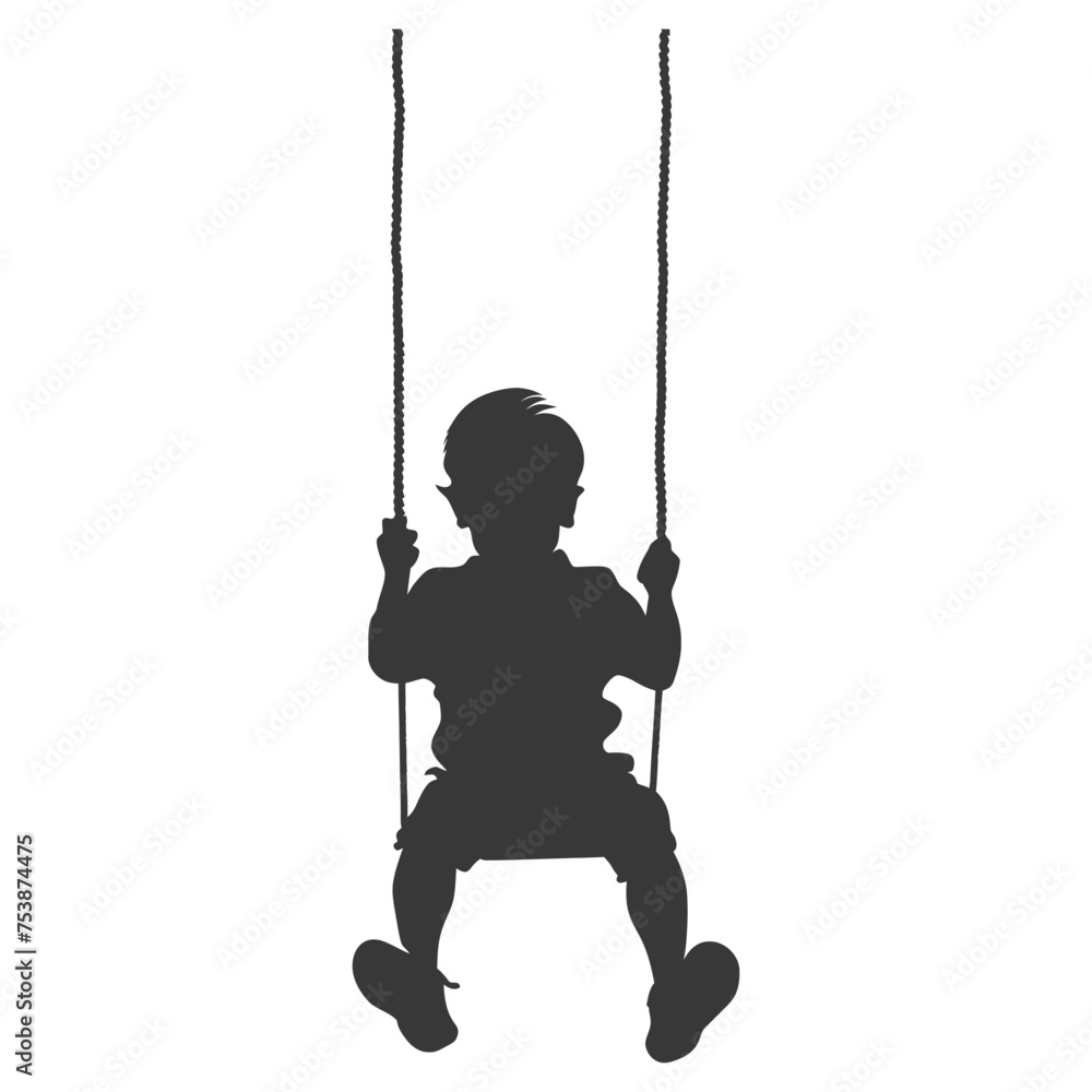 Silhouette little boy playing swing in the playground black color only