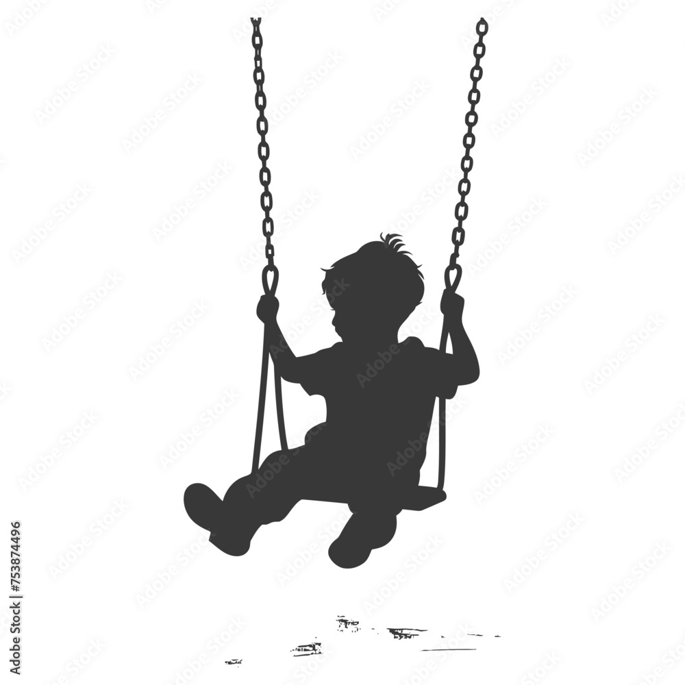 Silhouette little boy playing swing in the playground black color only