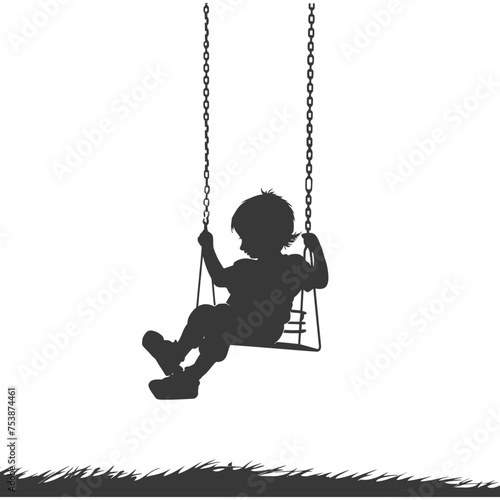 Silhouette little boy playing swing in the playground black color only