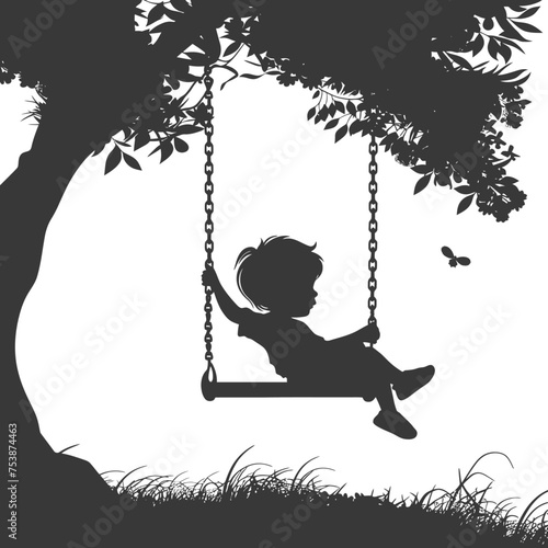 Silhouette little boy playing swing in the playground black color only