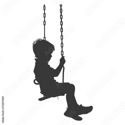 Silhouette little boy playing swing in the playground black color only