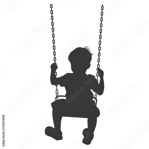 Silhouette little boy playing swing in the playground black color only