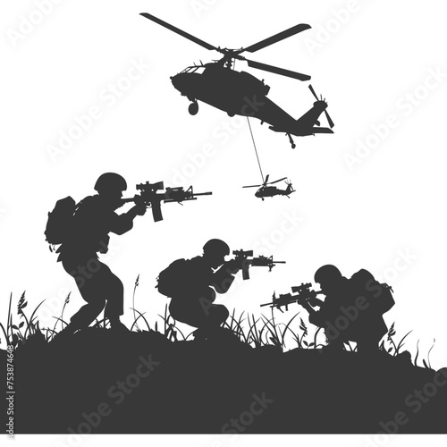 silhouette of a modern war situation black color only