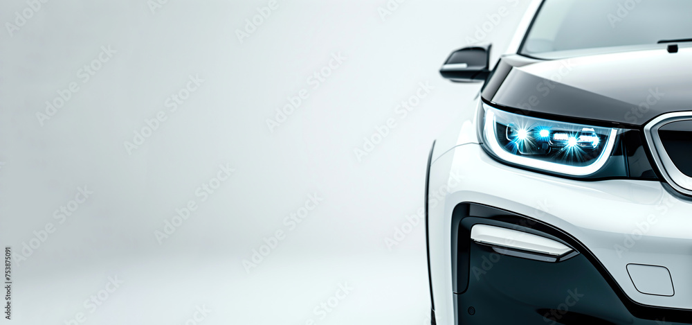 Closeup on the headlight of a generic and unbranded electric car - obrazy, fototapety, plakaty 