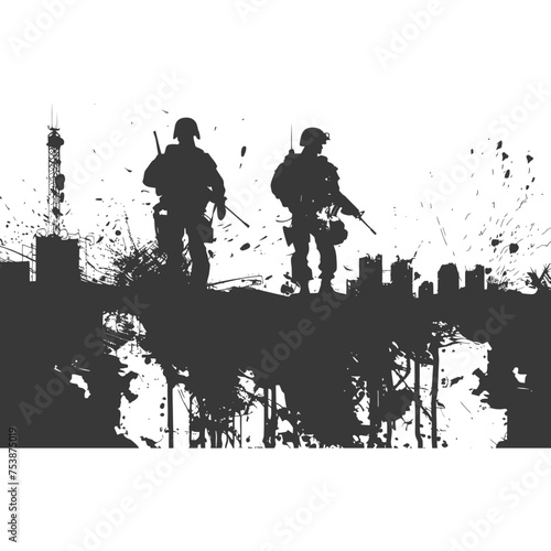 silhouette of a modern war situation black color only