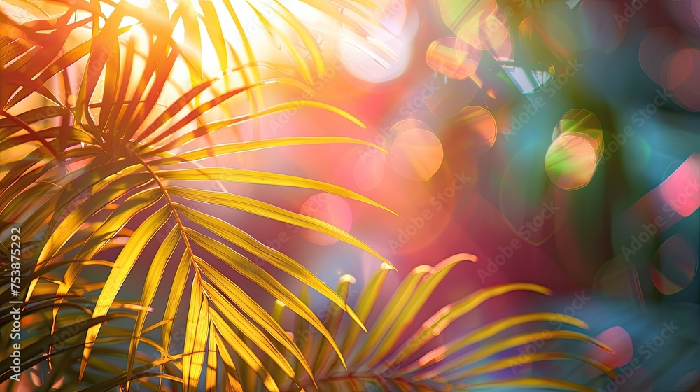A tropical forest in multicolored sunlight.