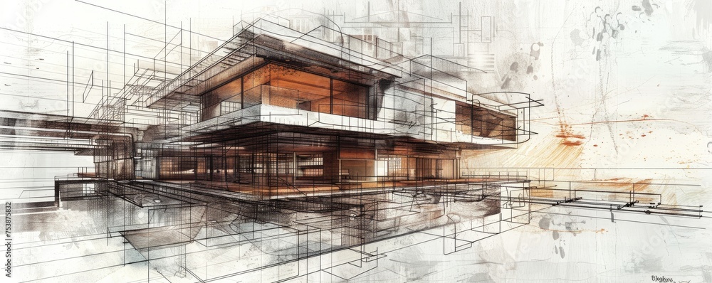 Architectural concept sketch of a building on white. Architectural concept sketch of a building on white.