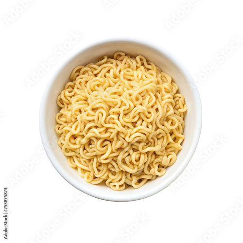 Instant noodles in a bowl isolated on transparent background. Top view.