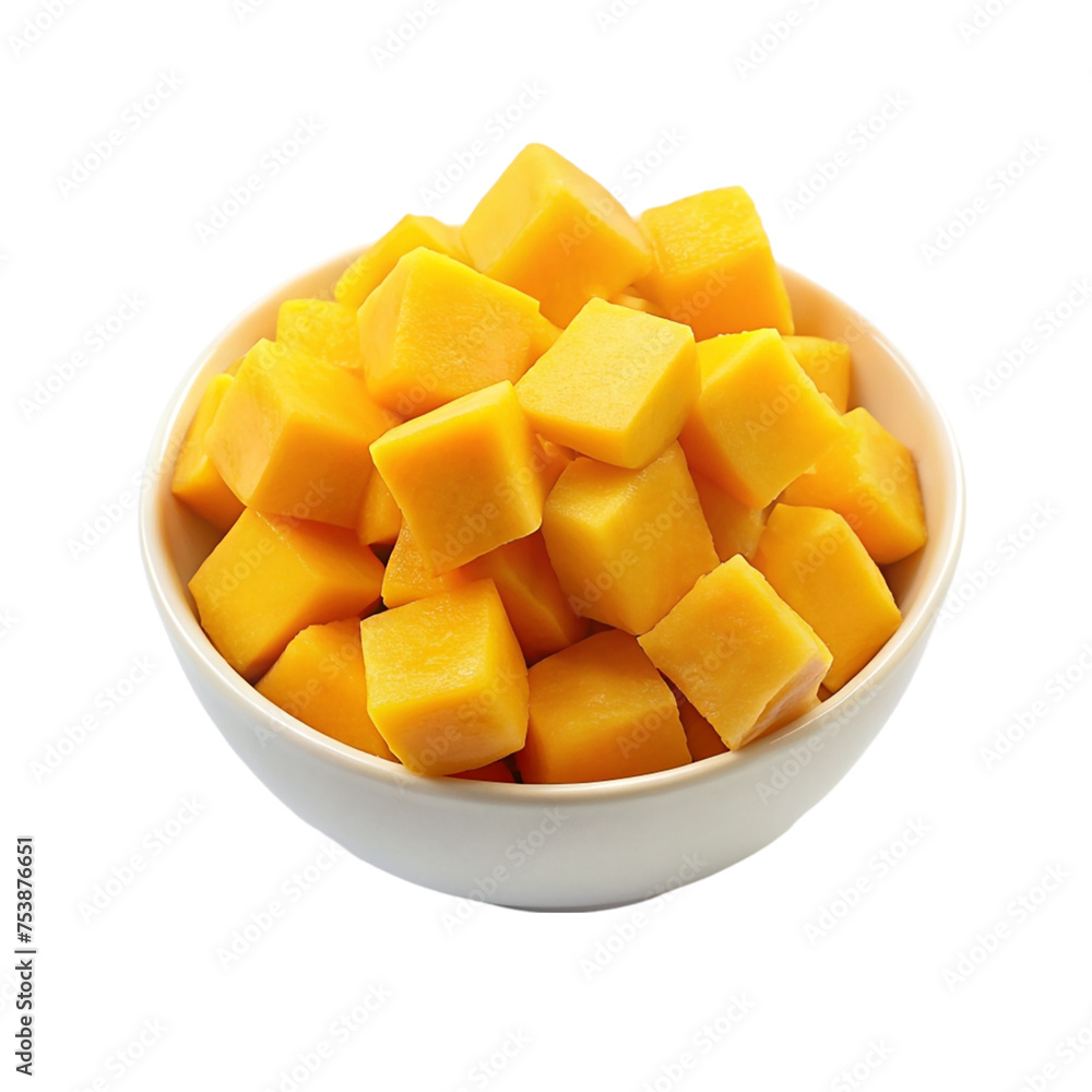 Mango cubes in bowl isolated on transparent background.