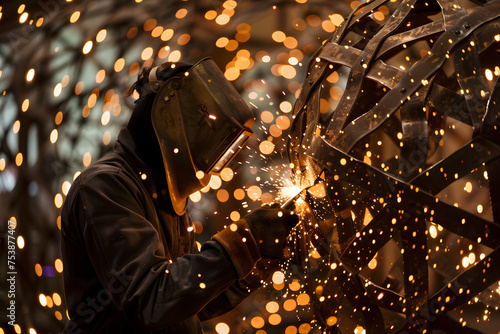  a skilled metalworker welding and shaping metal into artistic sculptures for a public installation