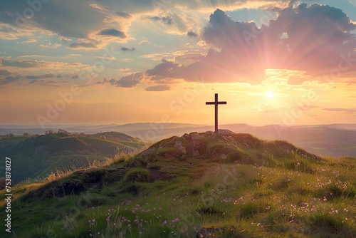Cross on a hill during holy week Symbolizing faith Reflection And the spiritual significance of easter Set against a serene landscape