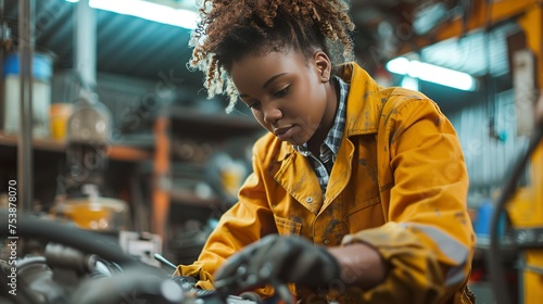 Mujer trabajando en un taller mecánico. Concepto de trabajo. 