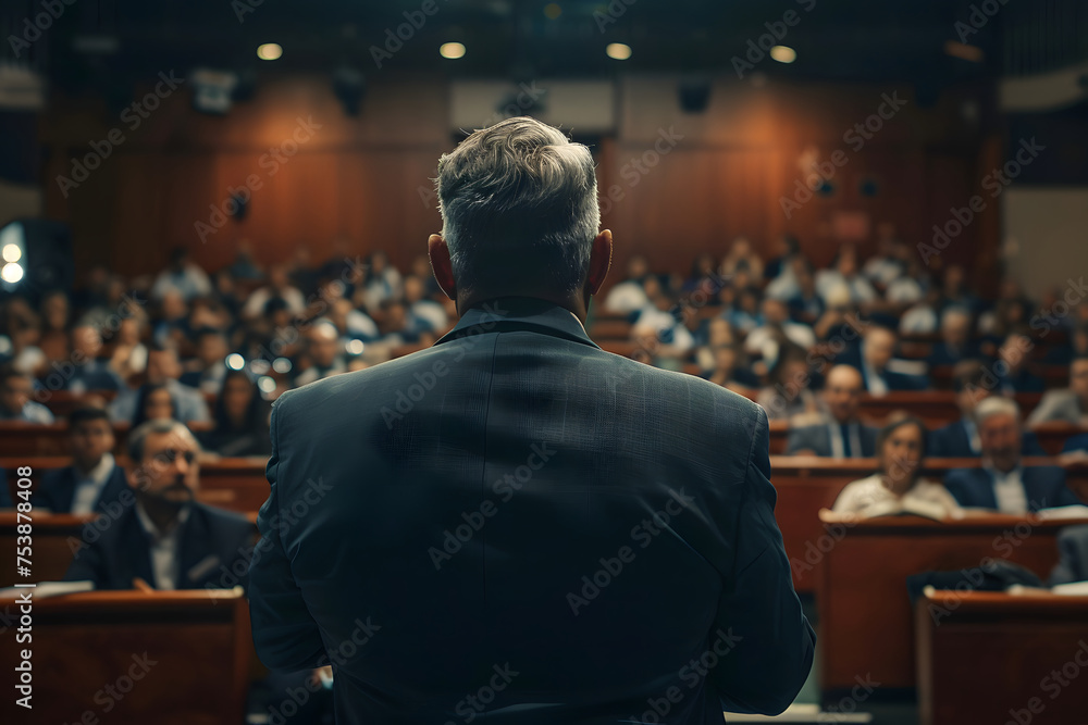 an executive addressing employees during a town hall meeting to communicate company updates an executive addressing employees during a town hall meeting to communicate company updates