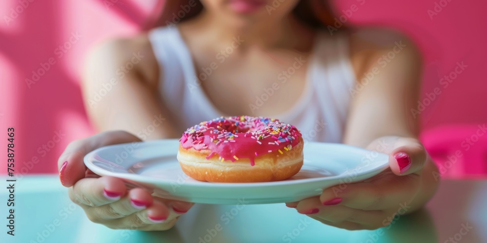 Chocolate donut on a white plate. Asian young woman is holding a plate with a donut.