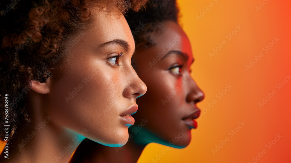 Fototapeta premium Diversity of human faces. Black and white women on orange background in studio.
