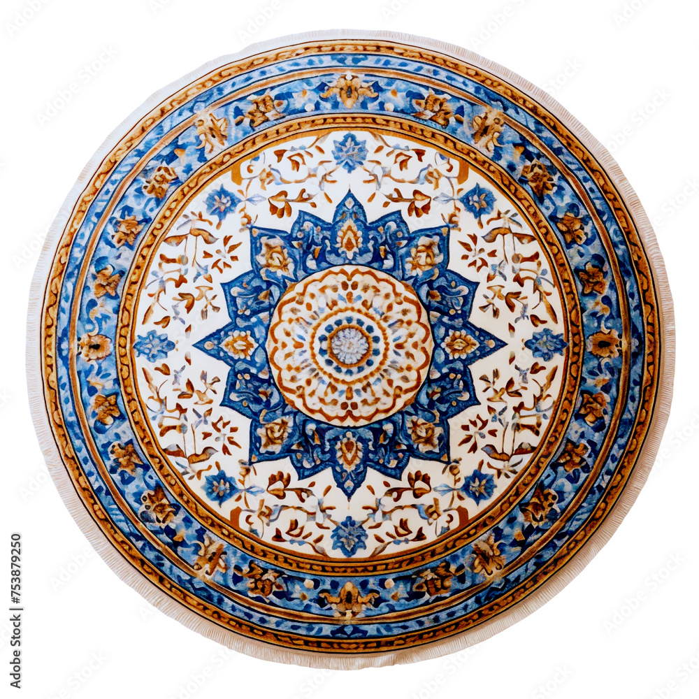 Round circle Turkish Carpet Rug, Persian Rug, Isolated transparent on white background, PNG, Blue, Brown and Beige colors