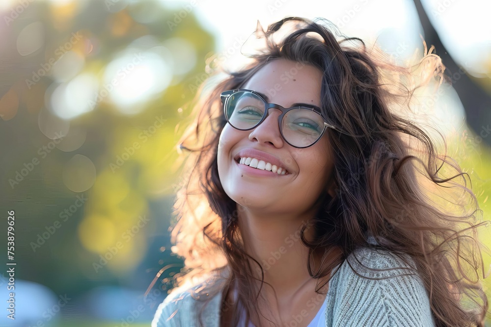 Satisfied woman wearing glasses With a beaming smile Outdoors Symbolizing happiness Confidence And positive lifestyle choices Satisfied woman wearing glasses With a beaming smile Outdoors Symbolizing happiness Confidence And positive lifestyle choices