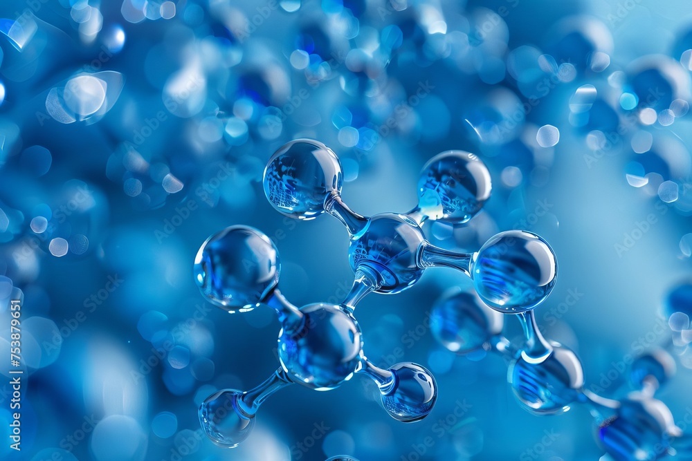 Scientific concept background showcasing blue molecular structures and atoms in a liquid serum environment Symbolizing medical research and biotechnology advancements Scientific concept background showcasing blue molecular structures and atoms in a liquid serum environment Symbolizing medical research and biotechnology advancements
