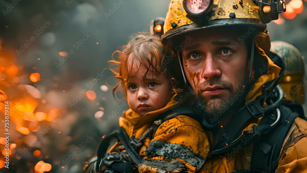 a fight fighter, a firefighter with a kid on his arms in a disaster region city destroy,generative ai a fight fighter, a firefighter with a kid on his arms in a disaster region city destroy,generative ai