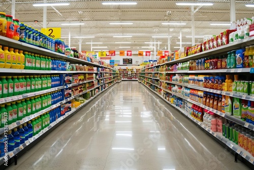 Supermarket aisle filled with a vast selection of products Bright and inviting Offering endless choices