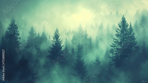 misty landscape with fir forest in vintage retro style 