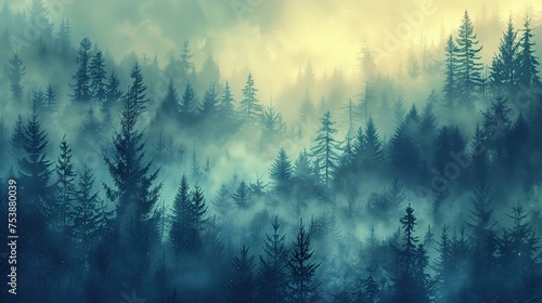 misty landscape with fir forest in vintage retro style  © hisilly