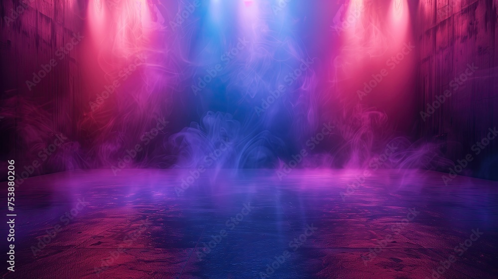 the dark stage shows empty dark blue purple pink background neon light spotlights the asphalt floor and studio room with smoke float up the interior texture for display products 