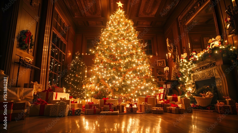 a huge christmas tree with bright lights and presents 