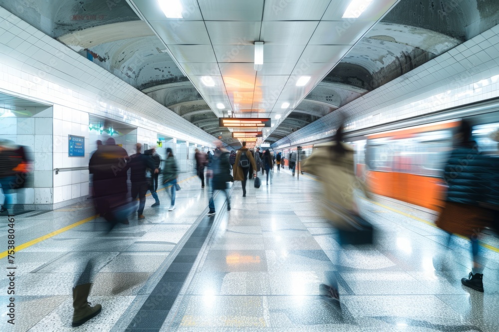 A photo of people walking in the subway station long exposure photography Generative AI