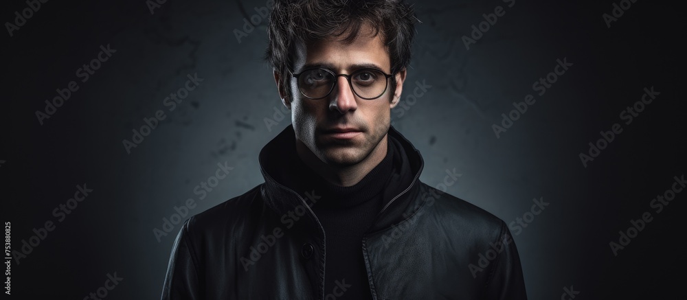 Obraz premium A man wearing glasses and a black jacket is depicted in a cropped view against a gray backdrop. He exudes a sense of confidence and professionalism.