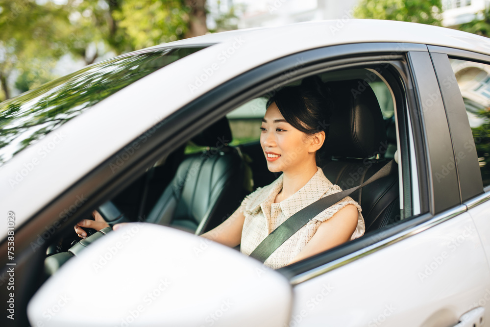 Portrait of happy female driver steering car with safety belt. Portrait of happy female driver steering car with safety belt.