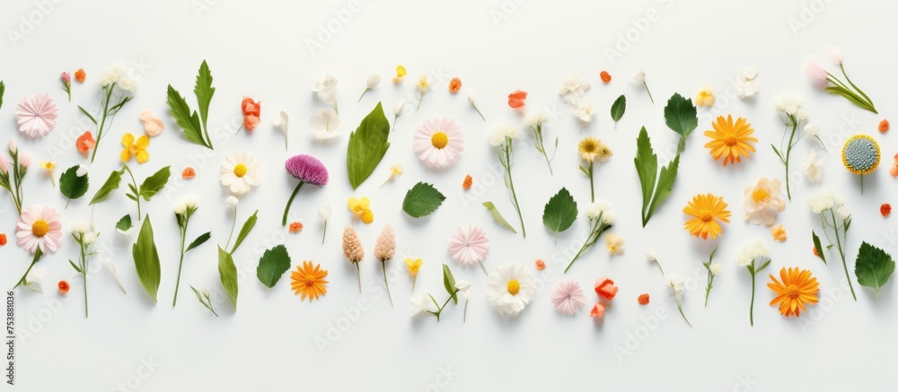 Obraz premium A variety of vibrant spring flowers and green leaves have been artfully arranged on a wall, creating a flat lay pattern. The flowers include roses, daisies, tulips, and more, adding a burst of color