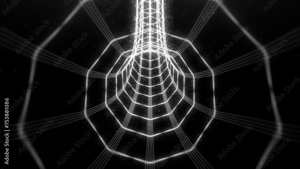 Naklejka premium Abstract glowing black and white digital VJ tunnel made by lines and bokeh particles moving on the dark background. Futuristic, Sci Fi, Cyberspace, Technology, Neon Tube, Empty Space.