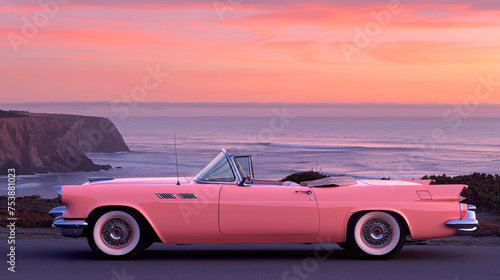 a pink convertible car parked on a road with a body of water in the background