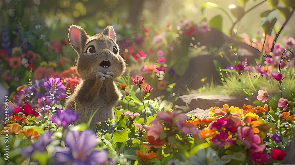 Surrounded by oversized flowers, the adorable character tiptoes through a garden, its nose twitching as it smells the fragrant blooms. Surrounded by oversized flowers, the adorable character tiptoes through a garden, its nose twitching as it smells the fragrant blooms.