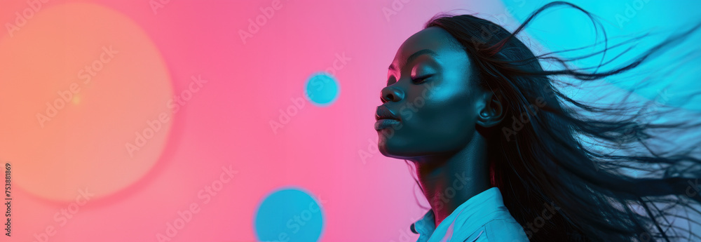 professional studio shot of beautiful young african american dark skin woman of color with vibrant retro color pop background in pink and blue für beauty make up magazine editorial professional studio shot of beautiful young african american dark skin woman of color with vibrant retro color pop background in pink and blue für beauty make up magazine editorial