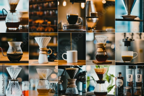 A montage of different coffee brewing methods, including espresso machines, pour-over devices, AeroPress, and Turkish ibriks, showing the diversity of coffee culture around the world. photo