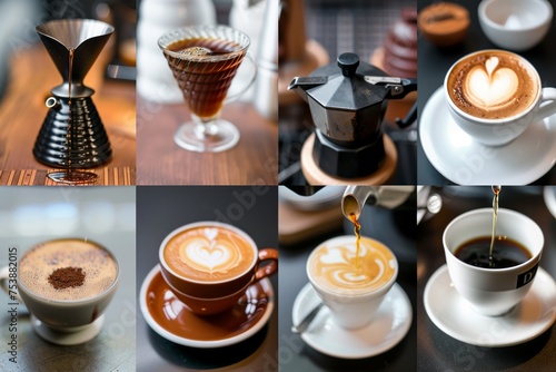 A montage of different coffee brewing methods  including espresso machines  pour-over devices  AeroPress  and Turkish ibriks  showing the diversity of coffee culture around the world.